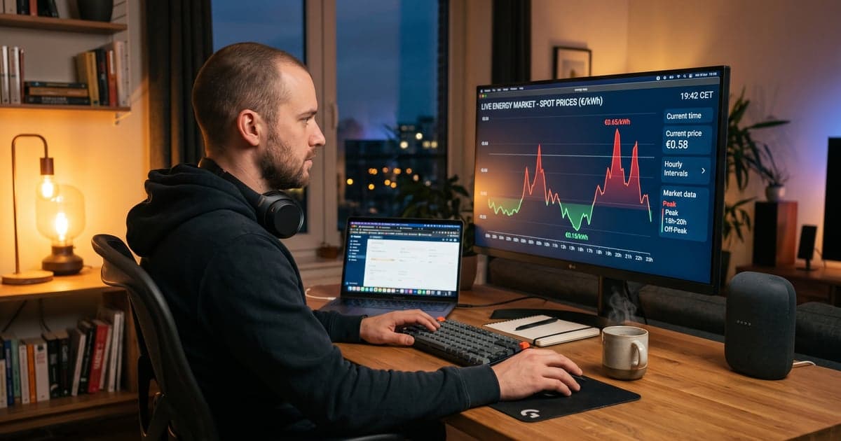 Man bekijkt live energieprijzen per uur op groot monitor thuis