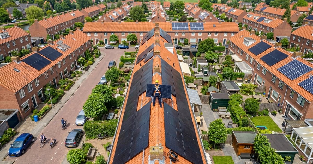 Drone-oogpunt van installateur die zonnepanelen plaatst op dak in Nederlandse wijk