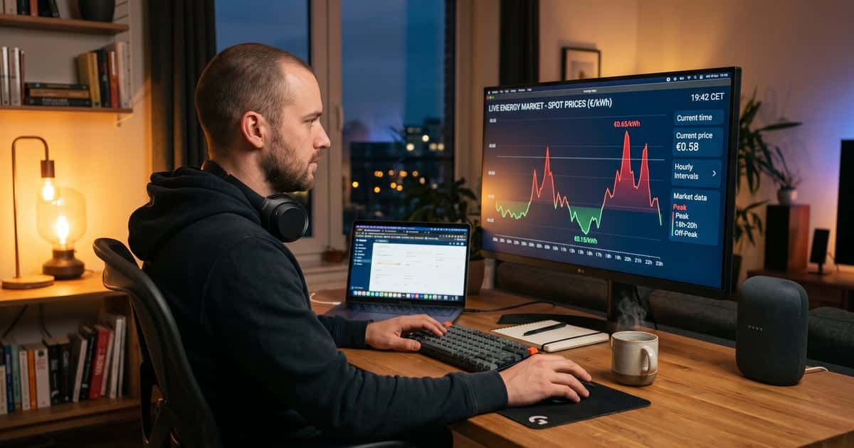 Man bekijkt live energieprijzen per uur op groot monitor thuis