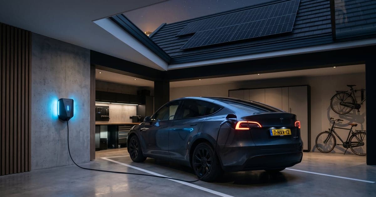 Elektrische auto laadt 's nachts in garage met zonnepanelen op daklicht