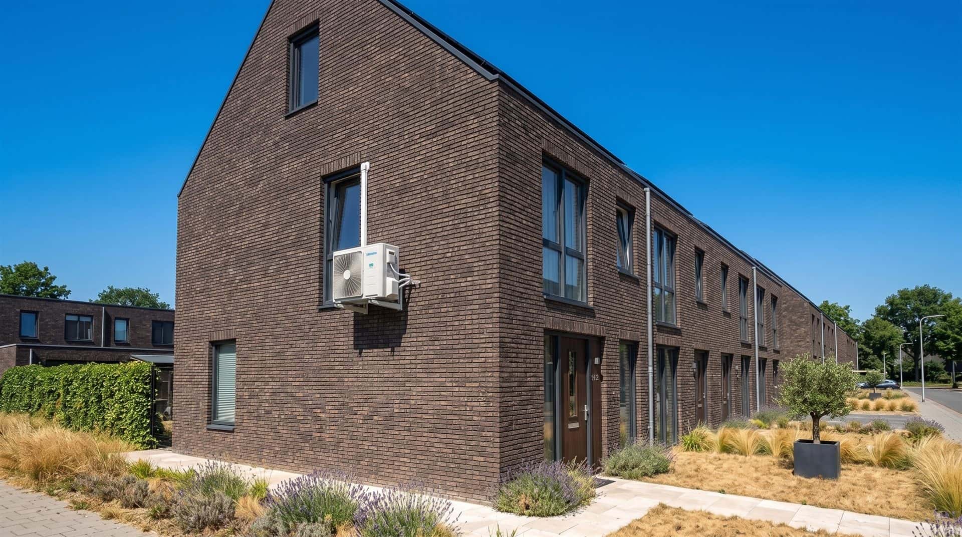 Moderne Nederlandse woning met split-airco buitenunit en zonnepanelen op het dak tijdens zomerse hitte