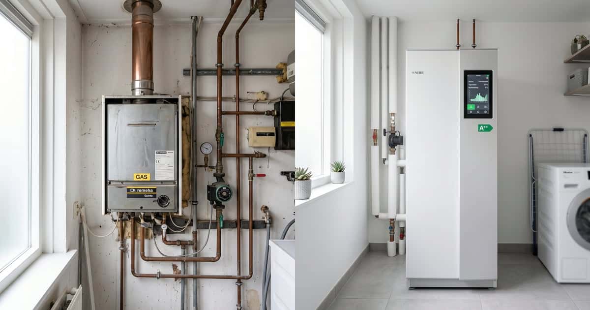 Vergelijking oude gasketel en nieuwe warmtepomp in technische ruimte