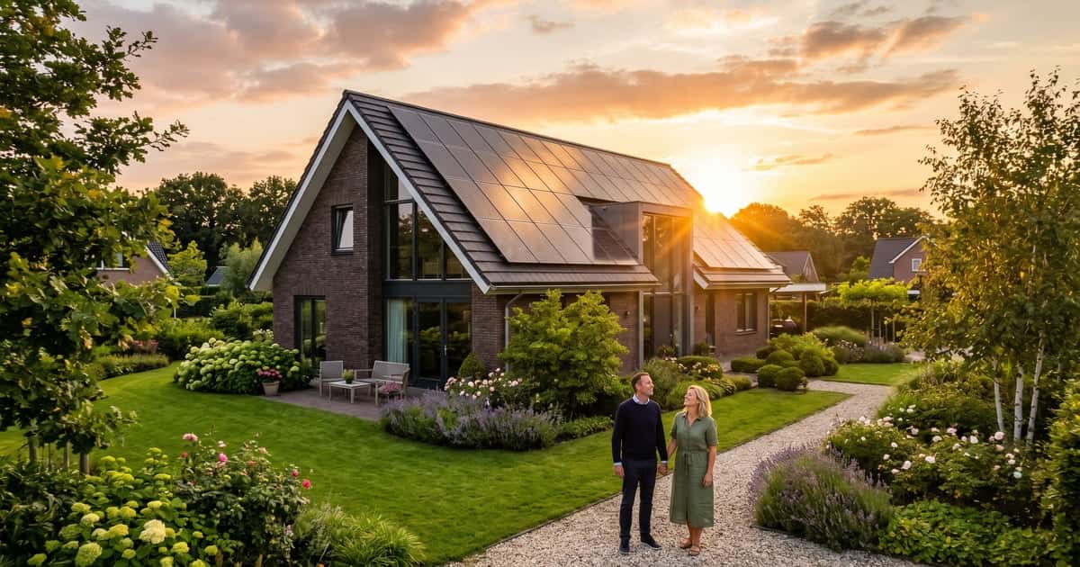 Echtpaar in tuin voor moderne woning met zonnepanelen bij zonsondergang