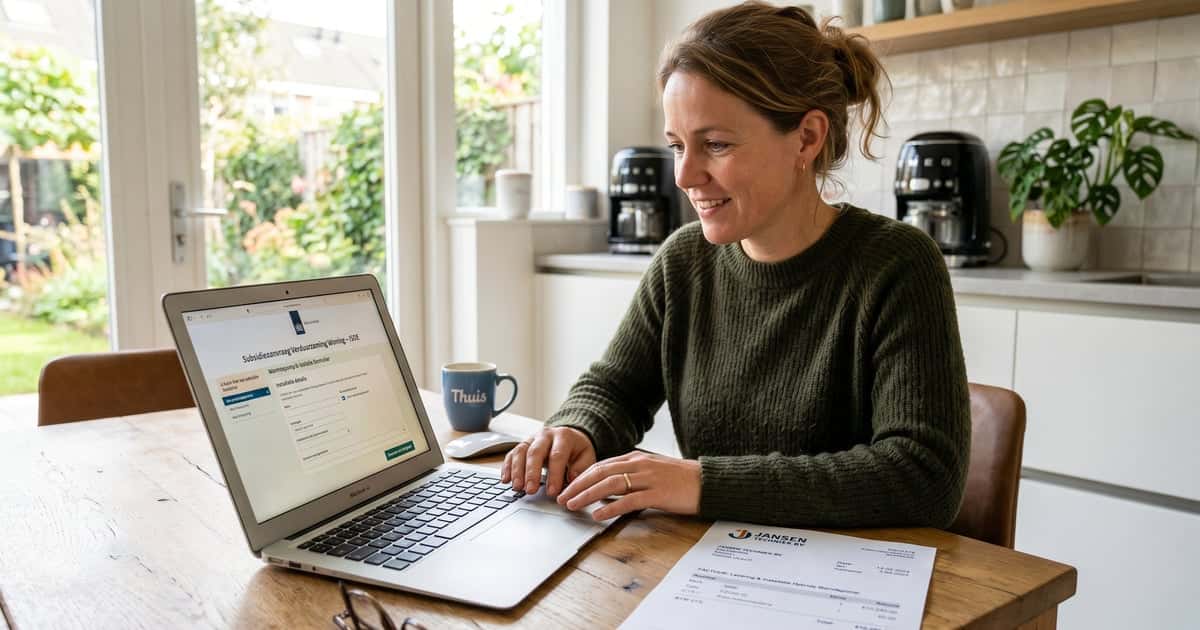 Vrouw vult ISDE subsidieaanvraag in op laptop met warmtepomp factuur op tafel