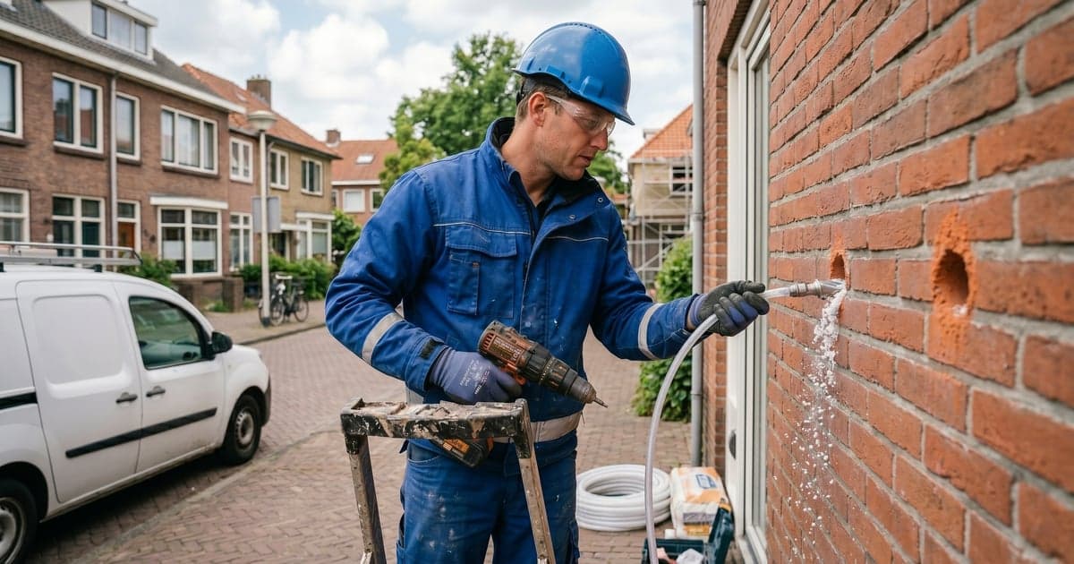 Installateur injecteert spouwmuurisolatie via boringen in bakstenen gevel
