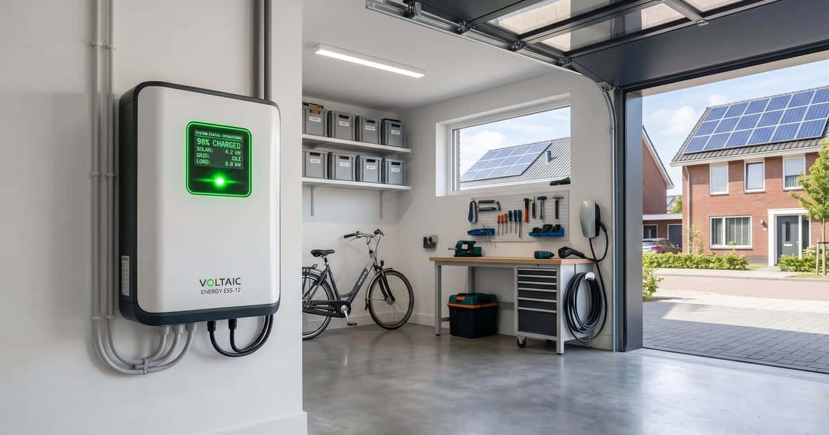 Moderne thuisbatterij gemonteerd in Nederlandse garage met zonnepanelen zichtbaar buiten