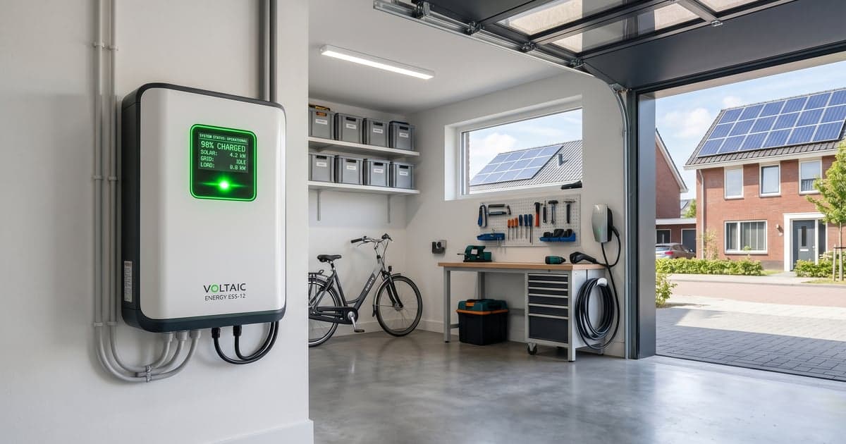 Moderne thuisbatterij gemonteerd in Nederlandse garage met zonnepanelen zichtbaar buiten